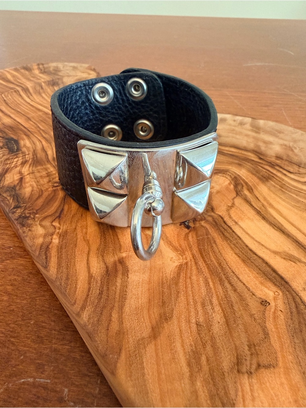 Source Unknown Black Leather Stud Cuff with Silver Ring & Pyramid Studs